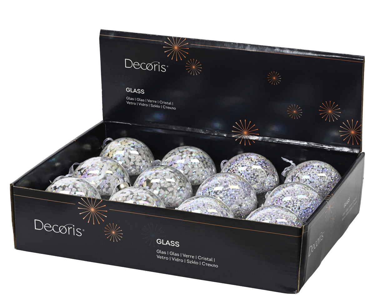 Kaemingk Bauble Glass Iris Finish With Sequin Spangles Winter White dia8cm