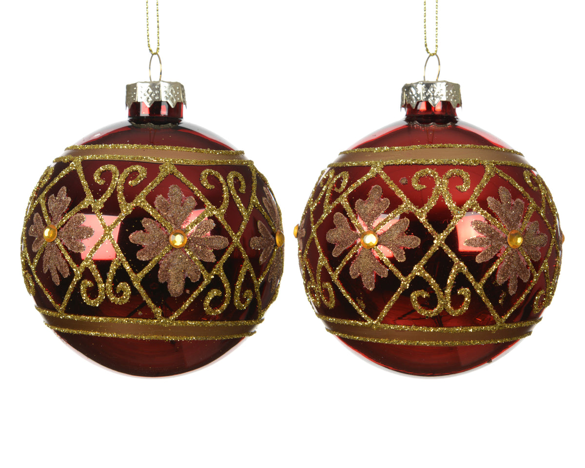 Kaemingk Glass Baubles Red and Gold glitter Flowers & Diamonds
