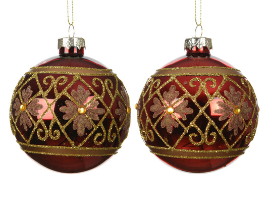 Kaemingk Glass Baubles Red and Gold glitter Flowers & Diamonds