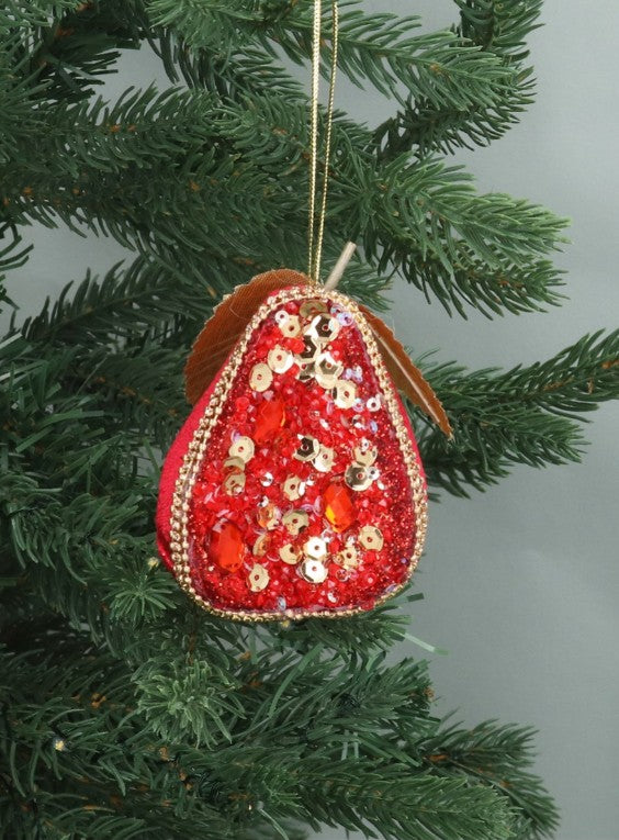 Gisela Graham Red Fabric/Sequin Half Fruit Pear