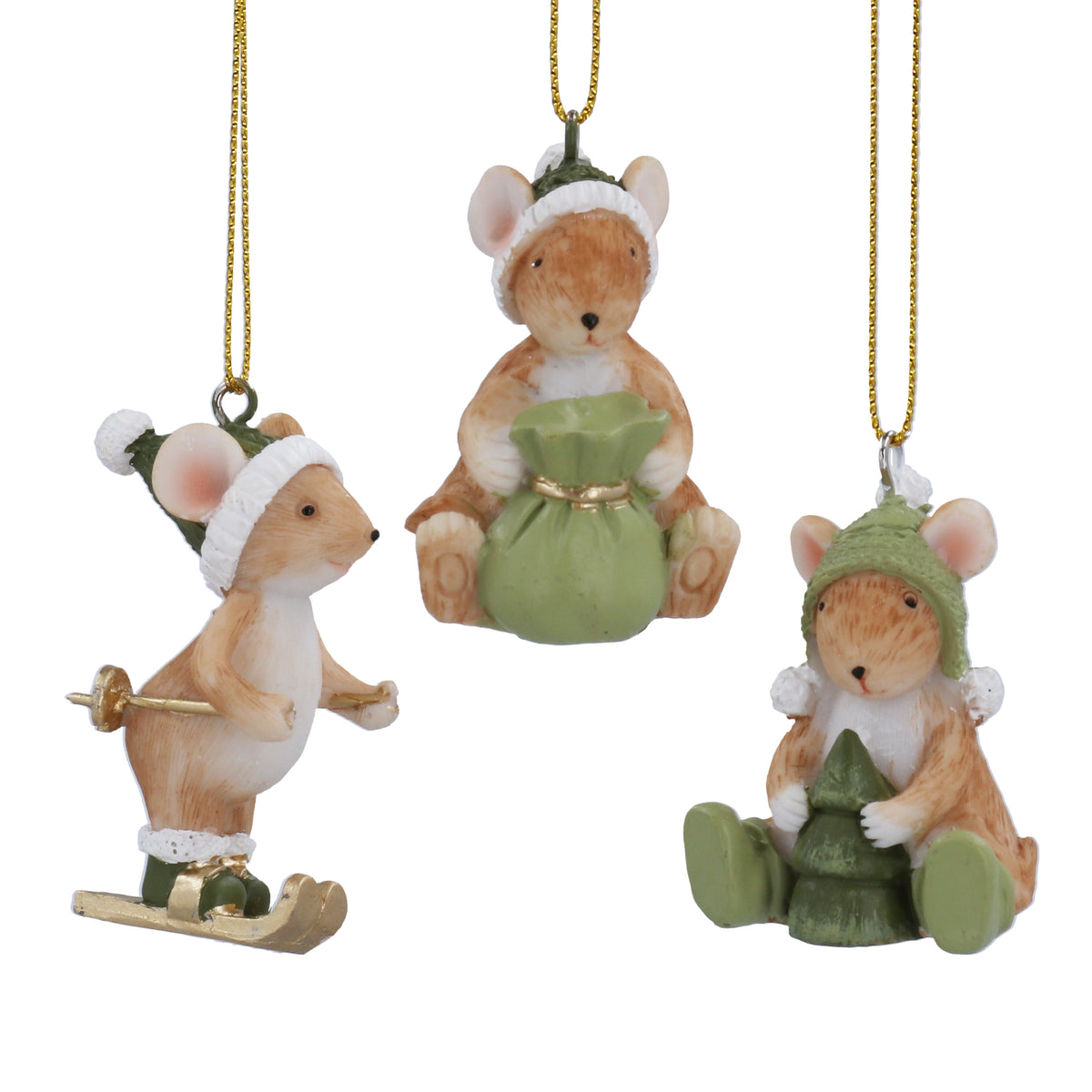 Gisela Graham - Resin Mouse - 4cm Green Hat (Christmas Sack)