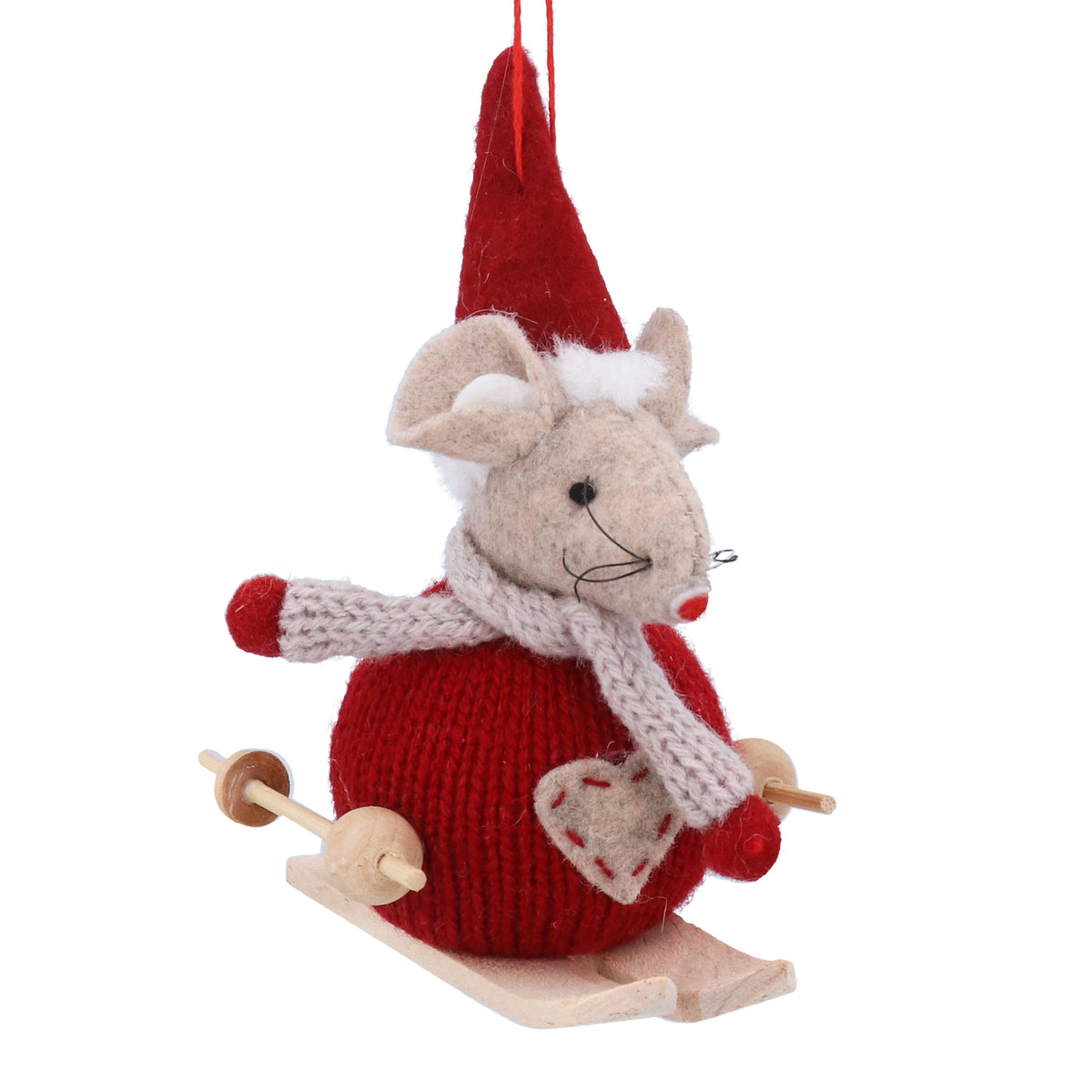 Gisela Graham - Fabric Skiing Mouse hanging decoration - 8cm