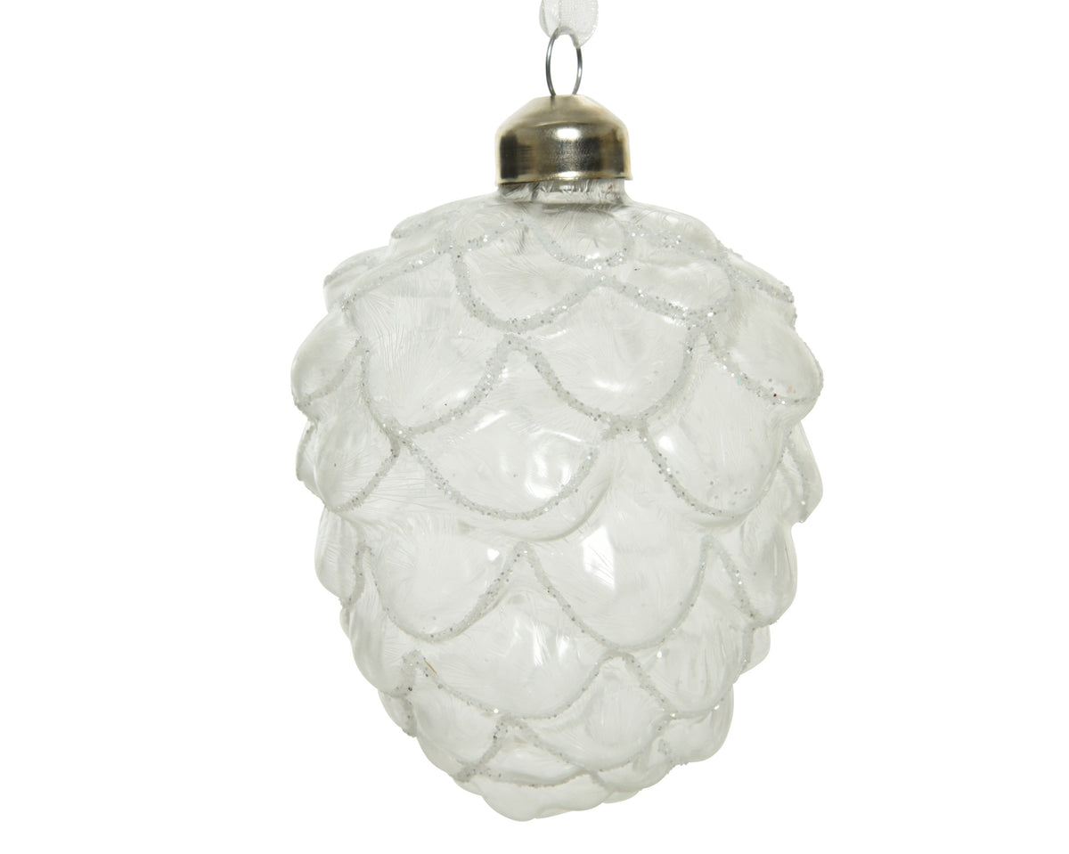 Kaemingk Bauble Pinecone Frosted Glass White H10cm