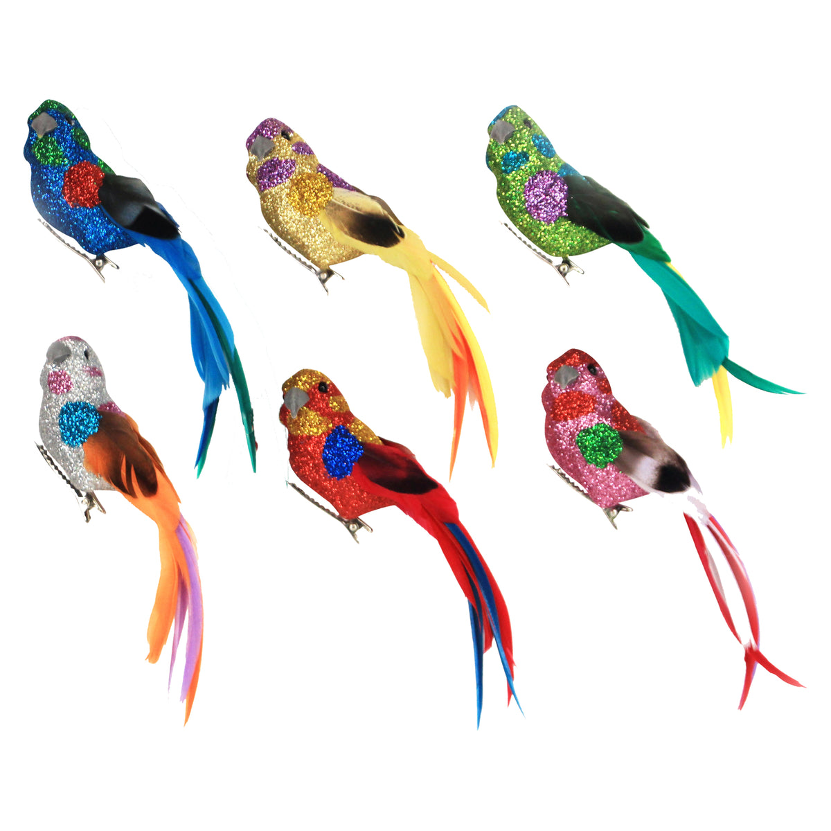 Multi Coloured Glitter / Feather Clip On Bird - Red