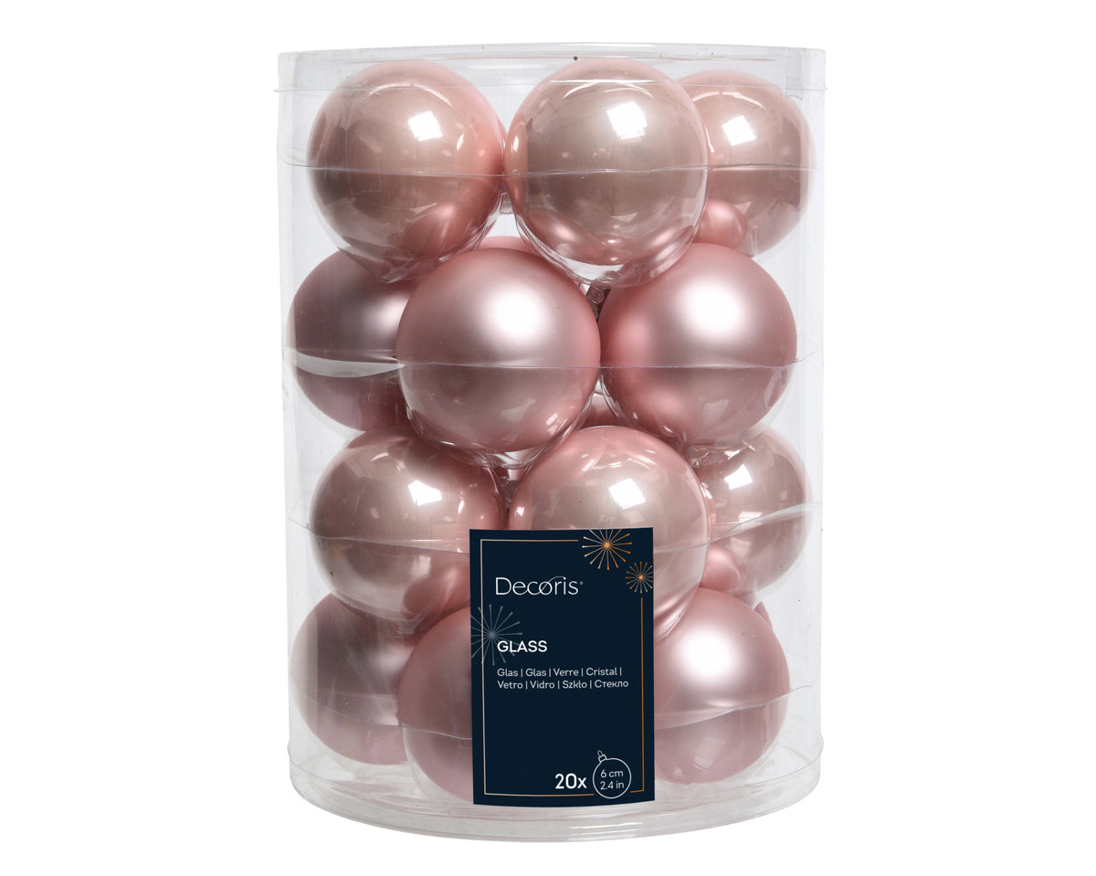 Kaemingk Baubles Glass Enamel, Matt Mix Tube of 20 - Plush Pink Dia 6cm