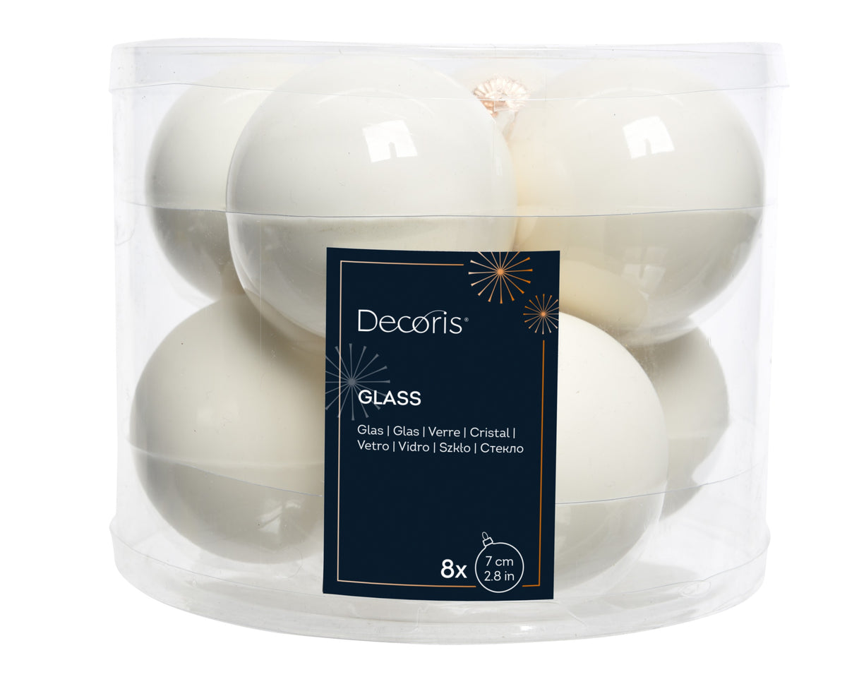 Kaemingk Wool White with Gold tops Bauble Glass Enamel 7cm Tube of 8
