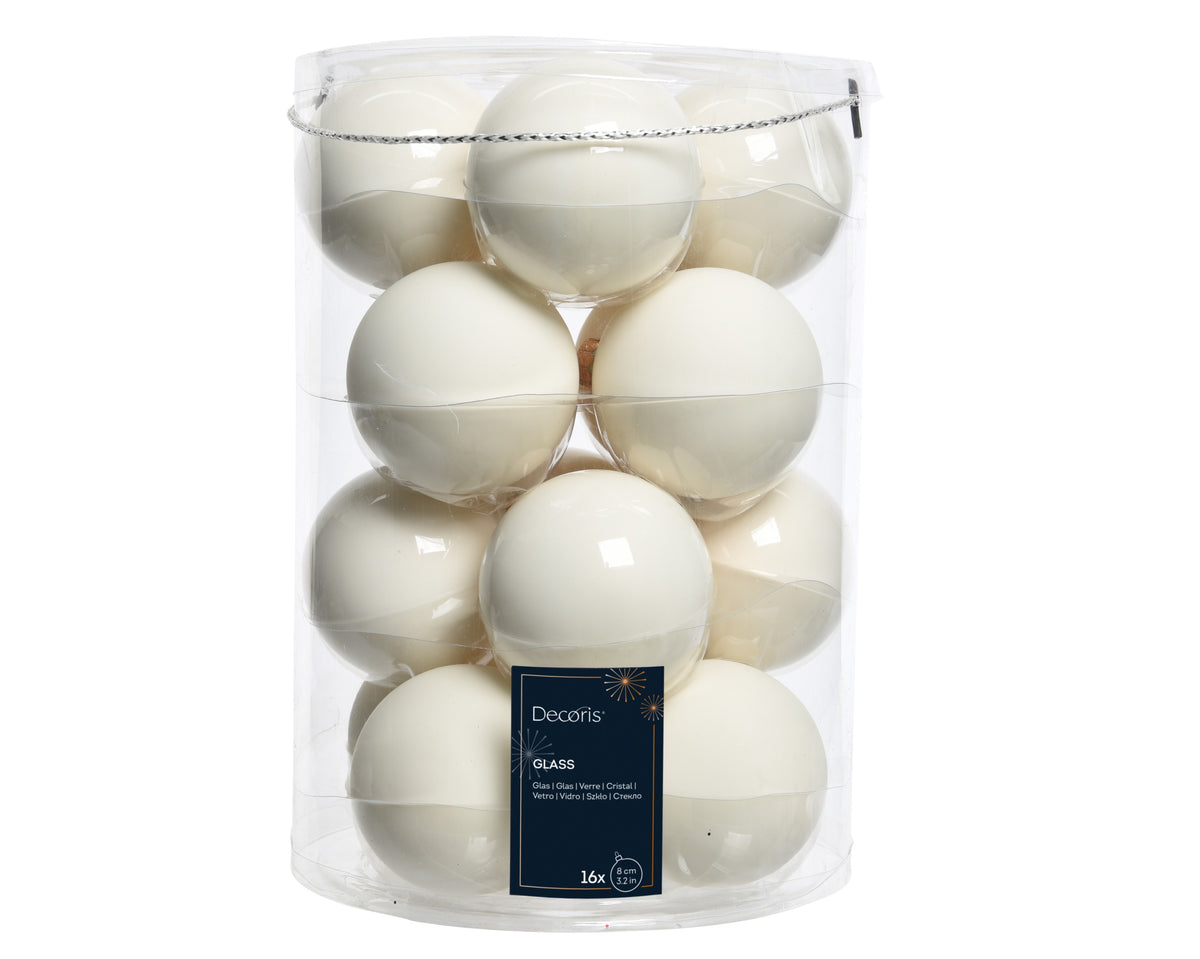 Kaemingk Wool White with Gold tops Baubles Glass Enamel 8cm Tube of 16