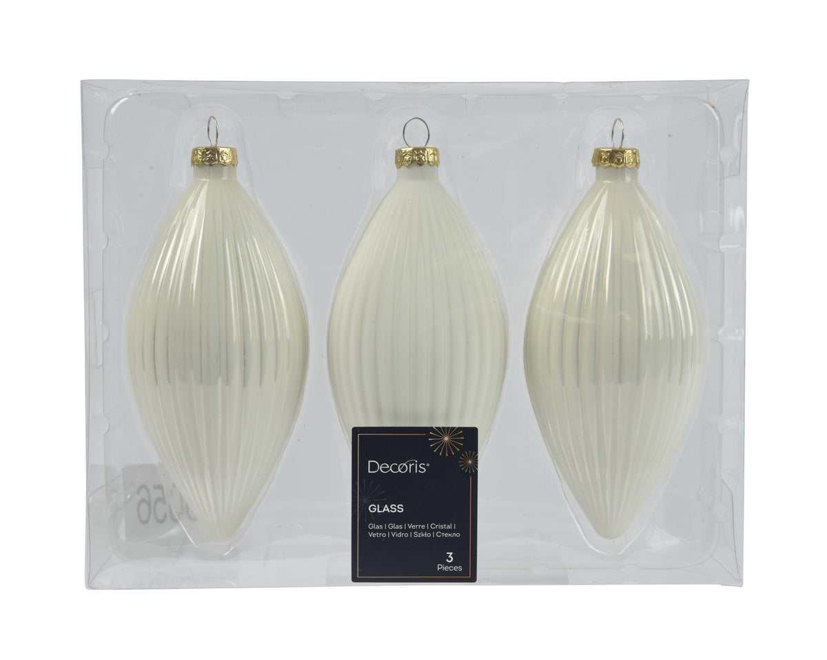 Kaemingk Wool White with Gold tops Olive Shape Glass 13cm Tube of 3