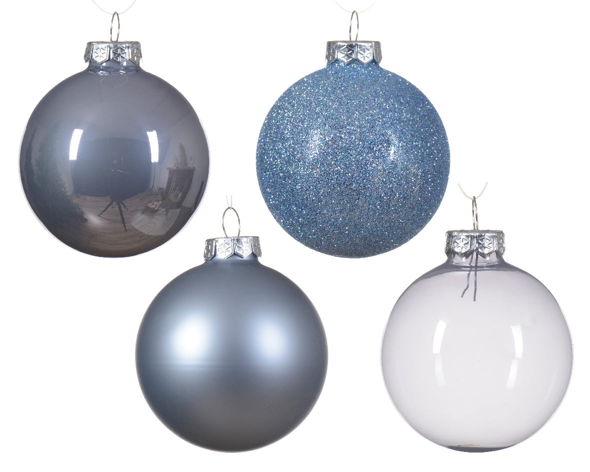 Kaemingk Baubles Glass Enamel, Matt, Glitter, Transparent Mix Dia 7cm Hazy Blue