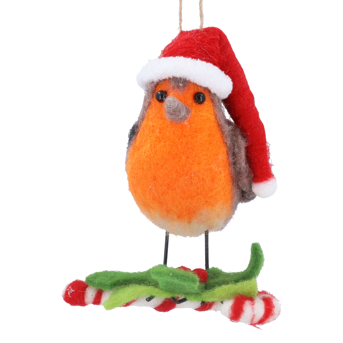 Gisela Graham Mixed Wool Santa Robin On Candy Cane Dec