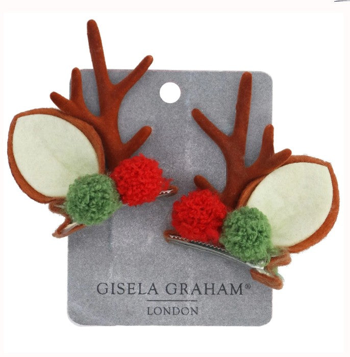 Gisela Graham Fabric Antler/Pom Pom Hair Clips pack/2