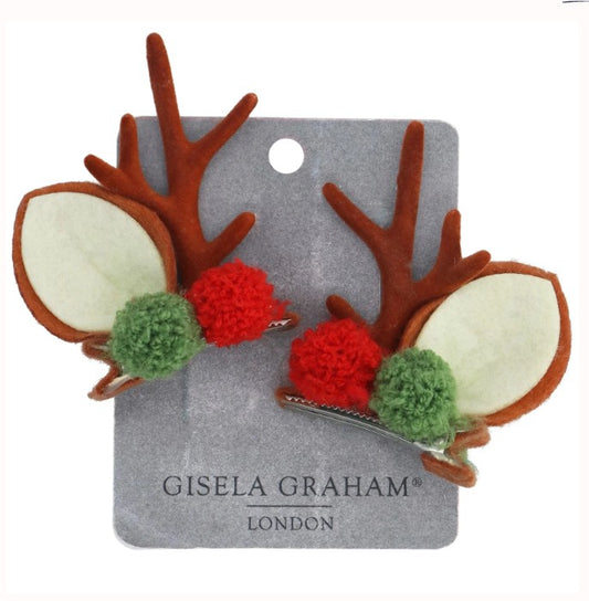 Gisela Graham Fabric Antler/Pom Pom Hair Clips pack/2