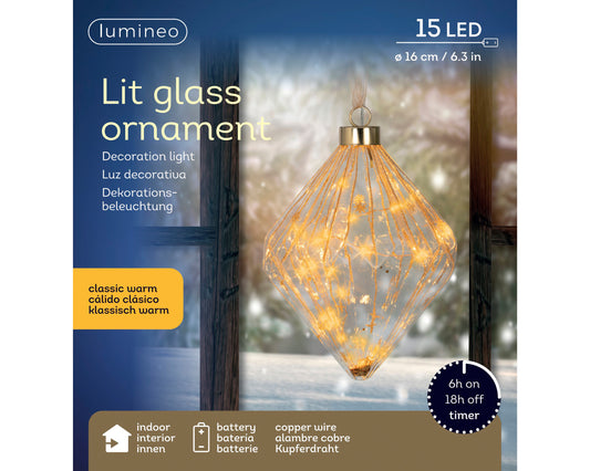 Kaemingk - Micro 15 LED Lit Glass DIAMOND Hanging Ornament