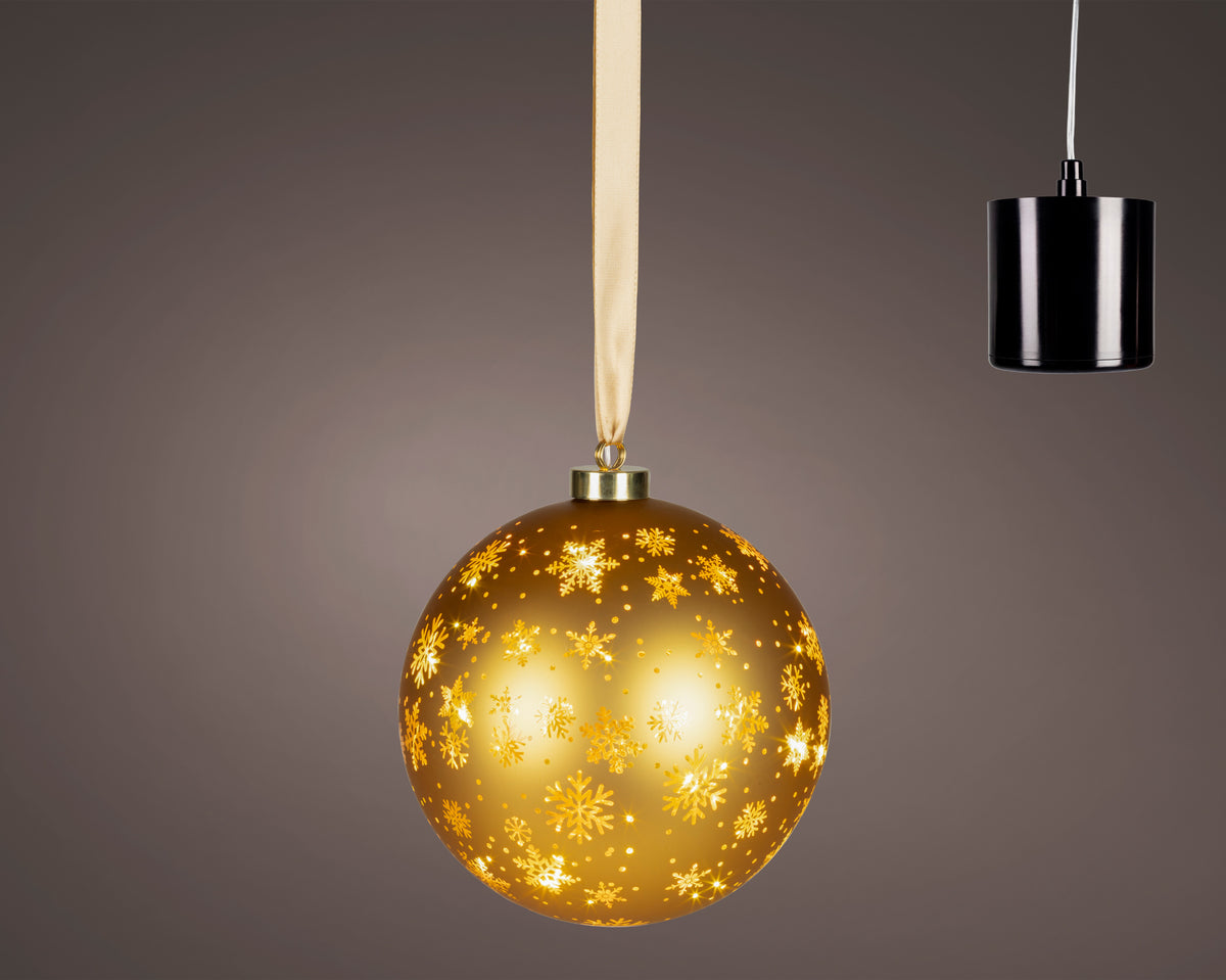 Kaemingk - Micro LED Lit Glass Rotating Bauble (with gold snowflakes)- 25 LED (19cm) - Warm White