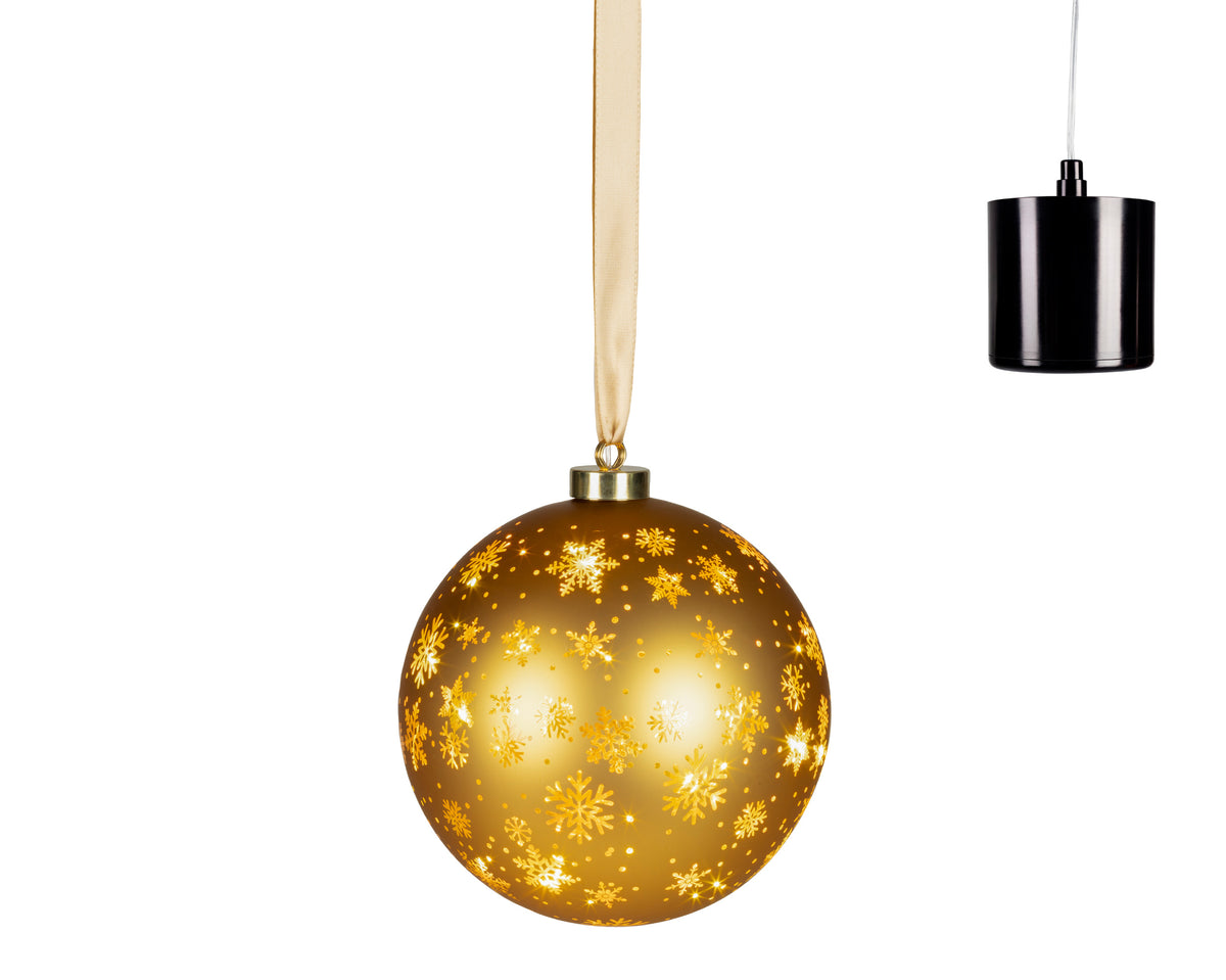 Kaemingk - Micro LED Lit Glass Rotating Bauble (with gold snowflakes)- 25 LED (19cm) - Warm White