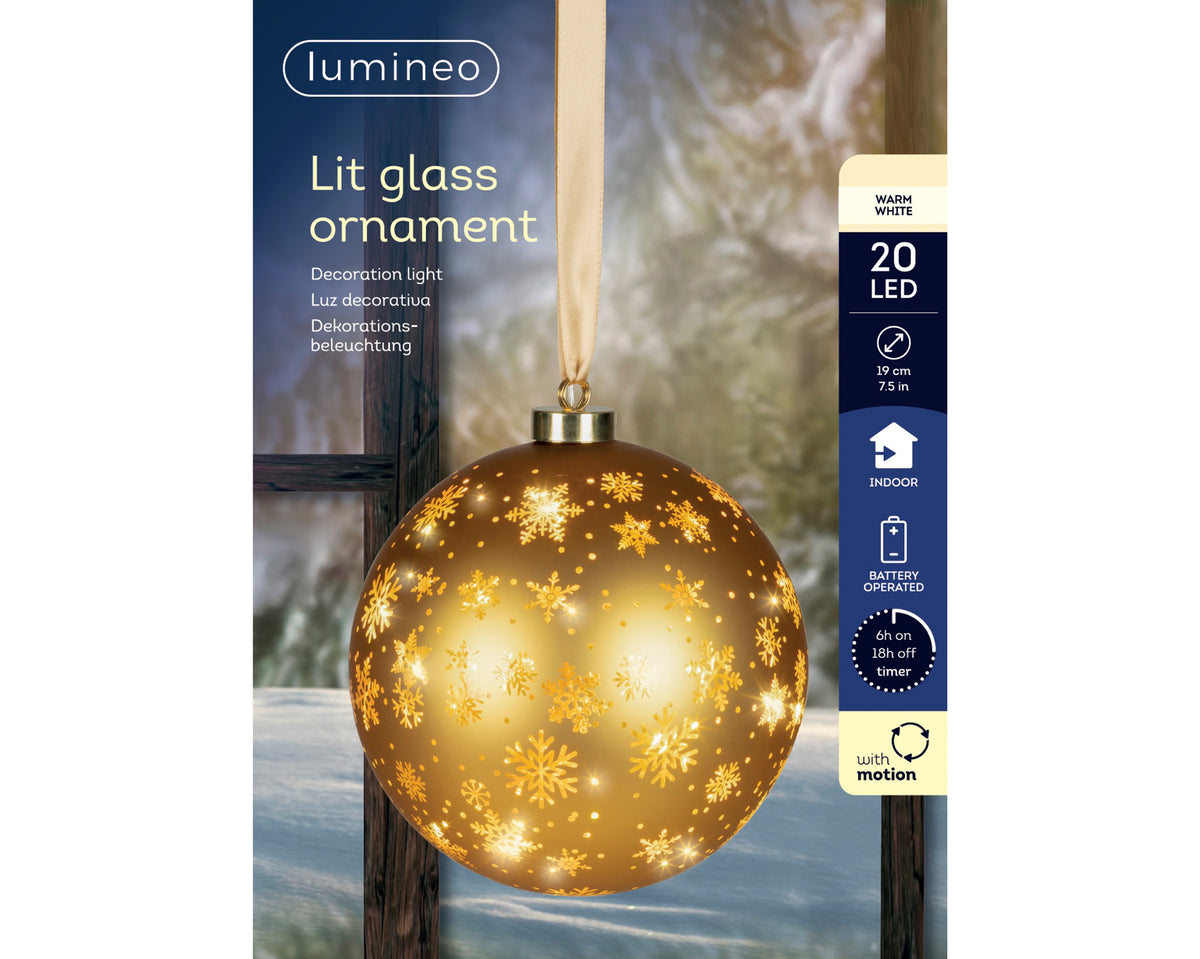 Kaemingk - Micro LED Lit Glass Rotating Bauble (with gold snowflakes)- 25 LED (19cm) - Warm White