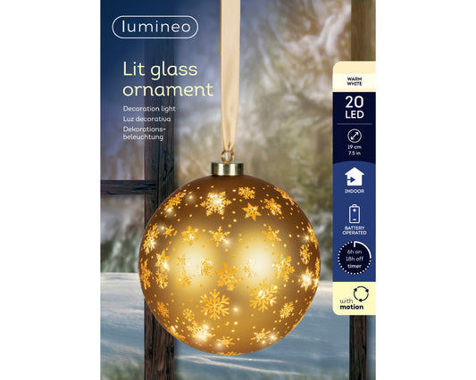 Kaemingk - Micro LED Lit Glass Rotating Bauble (with gold snowflakes)- 25 LED (19cm) - Warm White