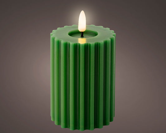 Kaemingk LED Wick Candle Wax Carved With Melted Top Steady Indoor Pine Green /Warm White Dia7.5-H12.3cm