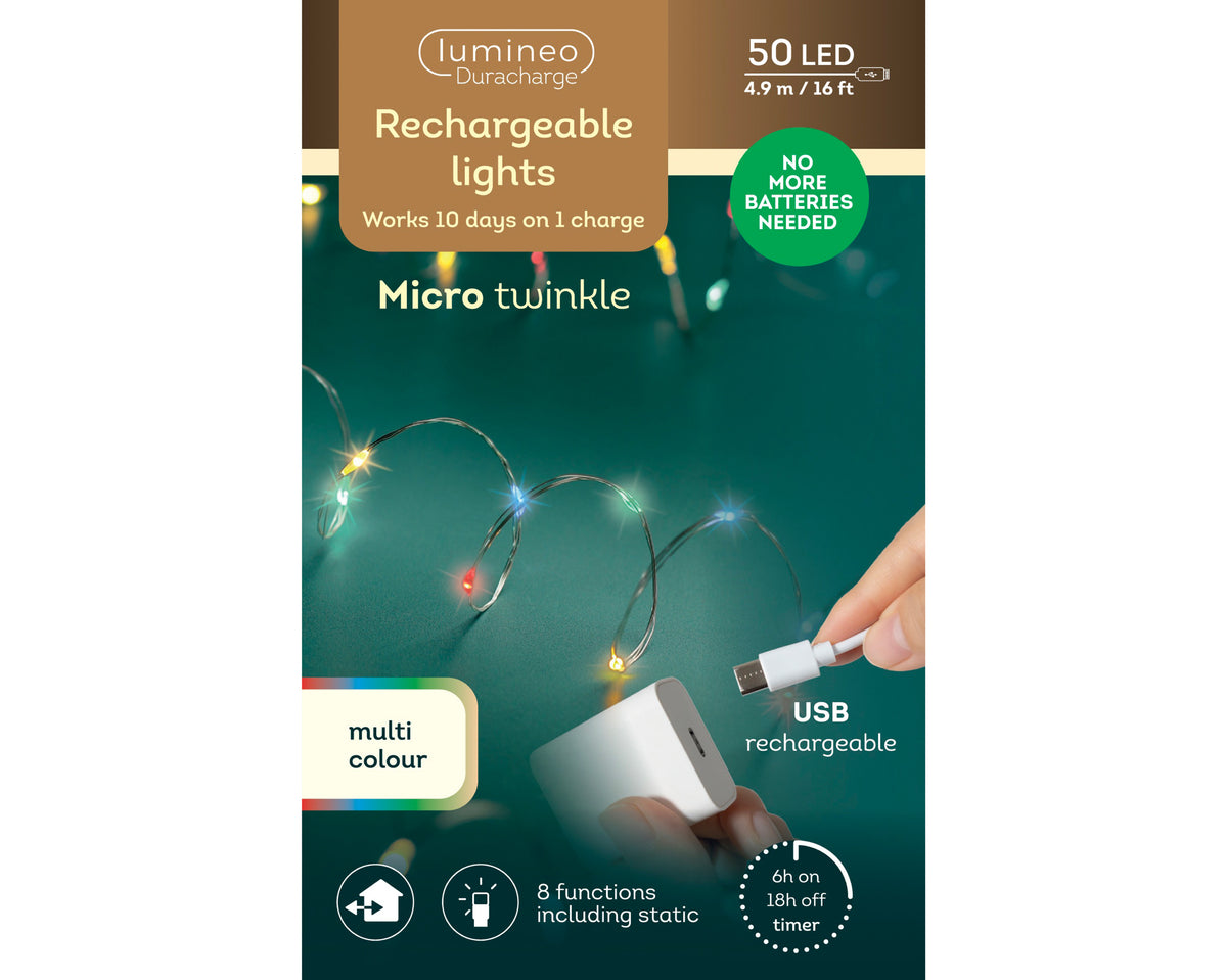 Kaemingk - Duracharge Rechargeable 50LED Lights - 4.9m - Micro twinkle - Multi Coloured - Indoor/Outdoor