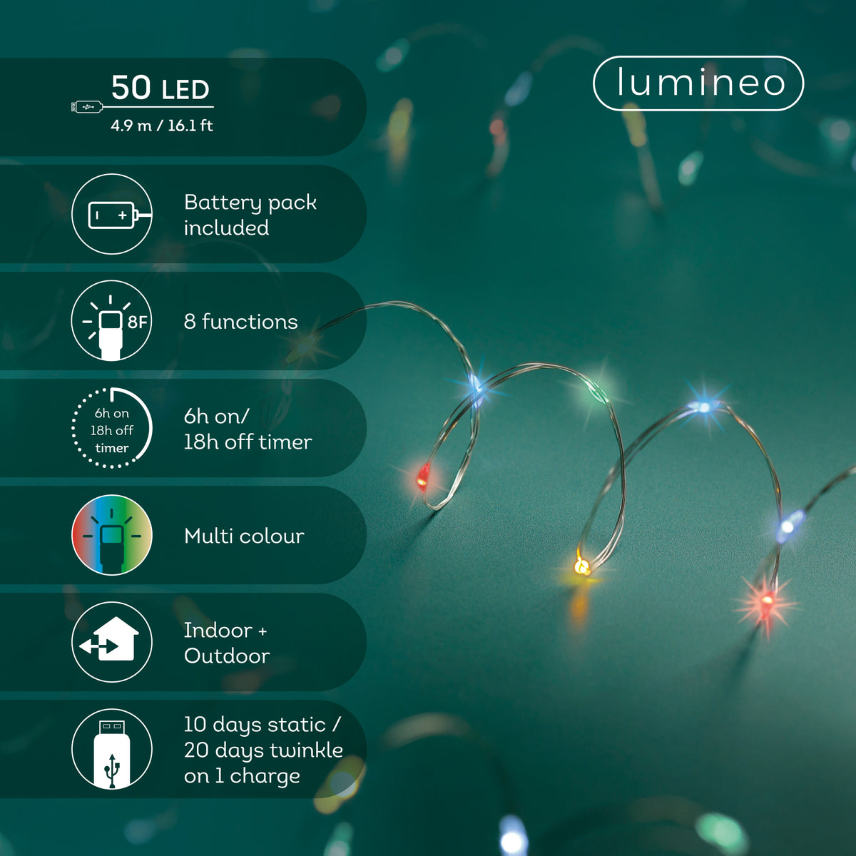 Kaemingk - Duracharge Rechargeable 50LED Lights - 4.9m - Micro twinkle - Multi Coloured - Indoor/Outdoor