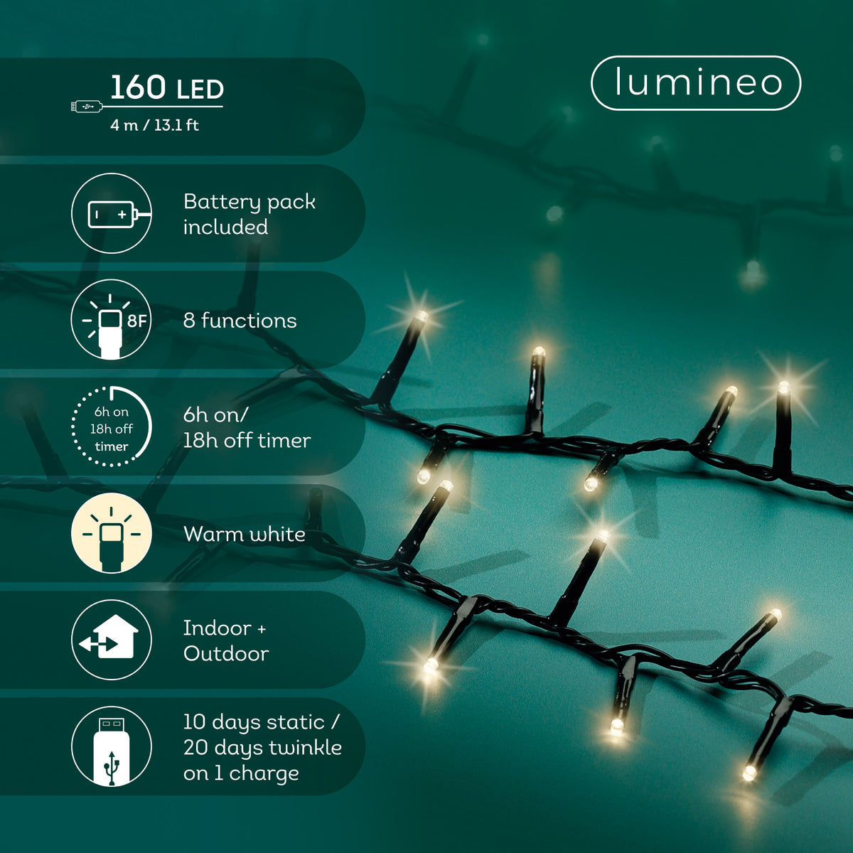 Kaemingk Micro LED Duracharge Compact Lights 8 Function Twinkle Effect Outdoor 400cm