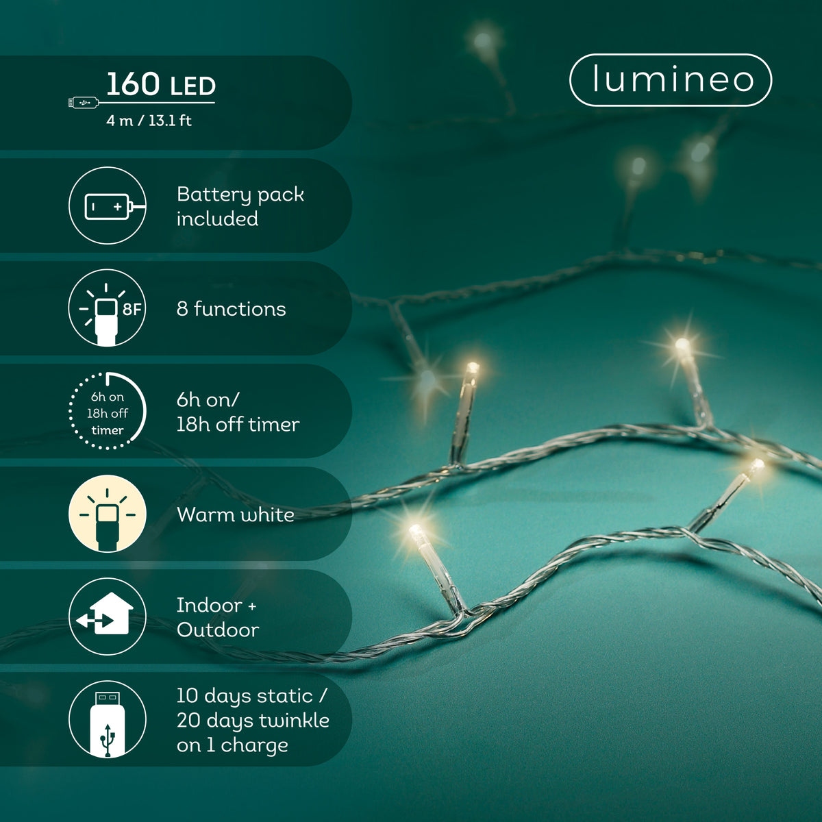 Kaemingk Micro LED Duracharge Compact Lights 8 Function Twinkle Effect Outdoor 400cm c