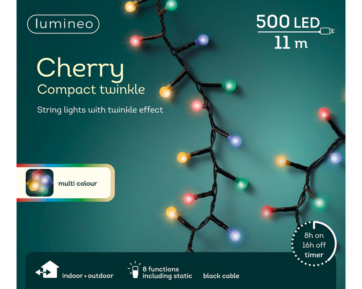 Kaemingk LED cherry lights gb 8 function twinkle effect outdoor Black / Multi Coloured 1100cm
