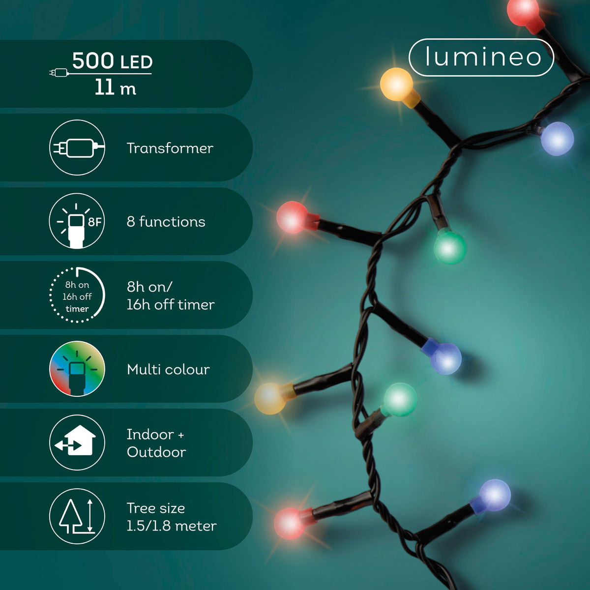 Kaemingk LED cherry lights gb 8 function twinkle effect outdoor Black / Multi Coloured 1100cm
