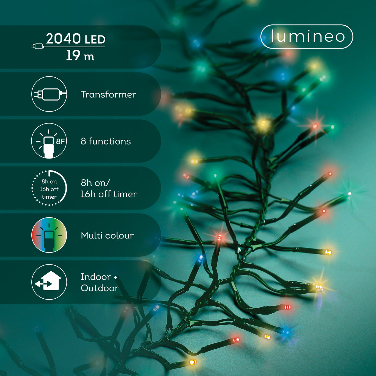 Kaemingk LED Multicoloured Cluster Lights 8 Function Twinkle Effect Outdoor - 19M