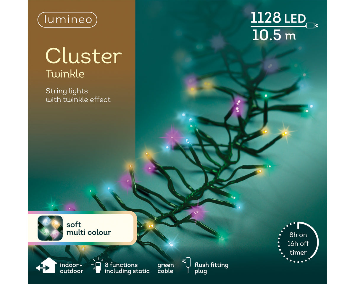 Kaemingk - Cluster Twinkle - Soft Multi Colour - 1128 LED Lights - 10.5m - Indoor/Outdoor