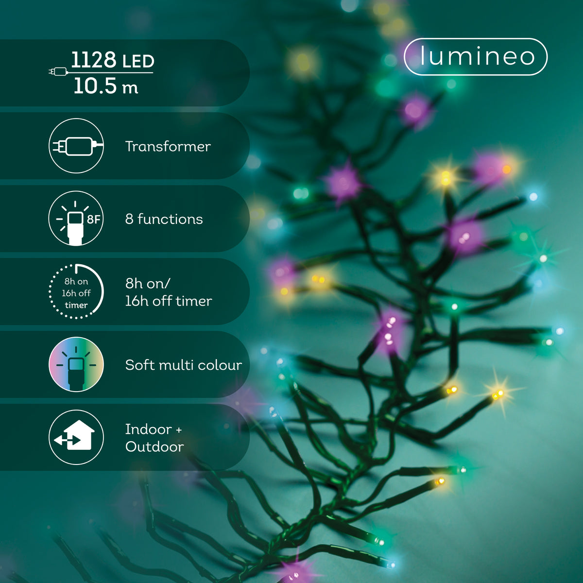 Kaemingk - Cluster Twinkle - Soft Multi Colour - 1128 LED Lights - 10.5m - Indoor/Outdoor