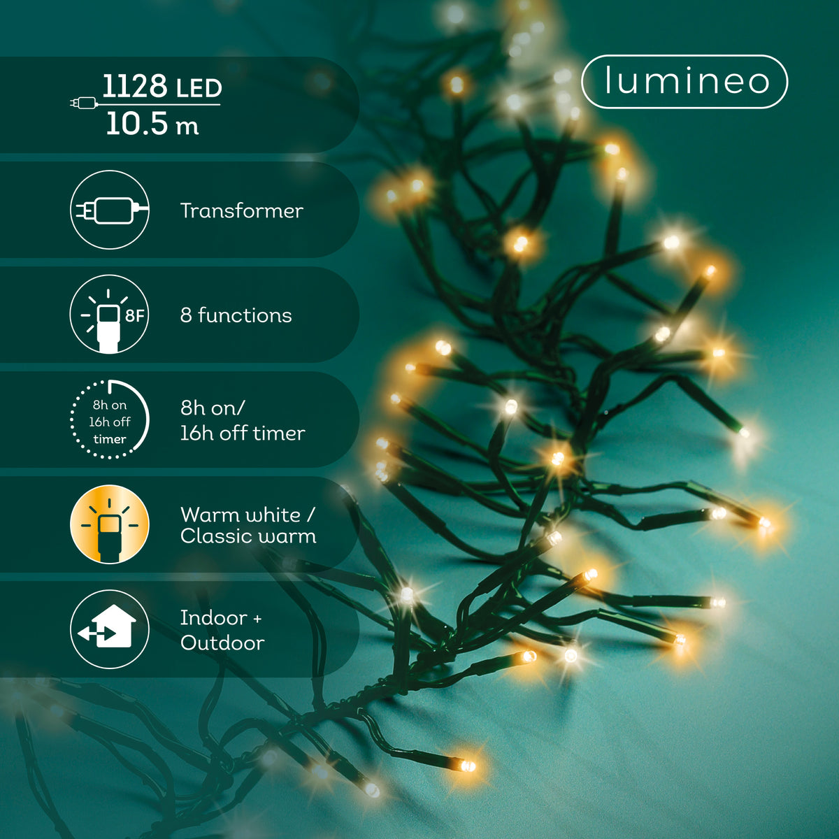 Kaemingk LED Cluster Lights Gb 8 Function L1000cm - Twinkle Effect Outdoor 1000cm Green/ Warm White/Classic