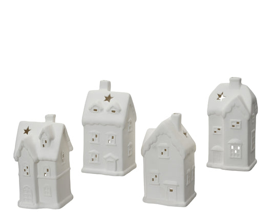 Kaemingk Porcelain House Tealight Holder with Glitter on Roof 4 ass