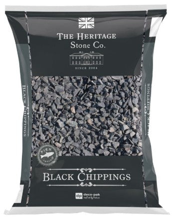 Deco-Pak Charcoal Black Chippings 14mm dark angular gravel pile, coarse texture at Pengelly Garden Centre Cornwall