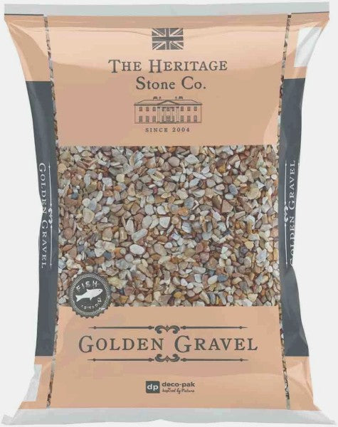 Deco-Pak Golden Gravel 10mm bag showing loose small golden tan decorative stones, Pengelly Garden Centre Cornwall
