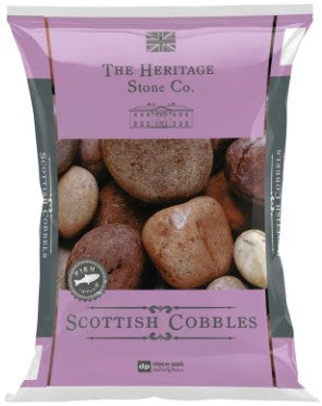 Bag of Deco-Pak Scottish Cobbles 50-75mm mixed smooth rounded grey and brown stones at Pengelly Garden Centre Cornwall
