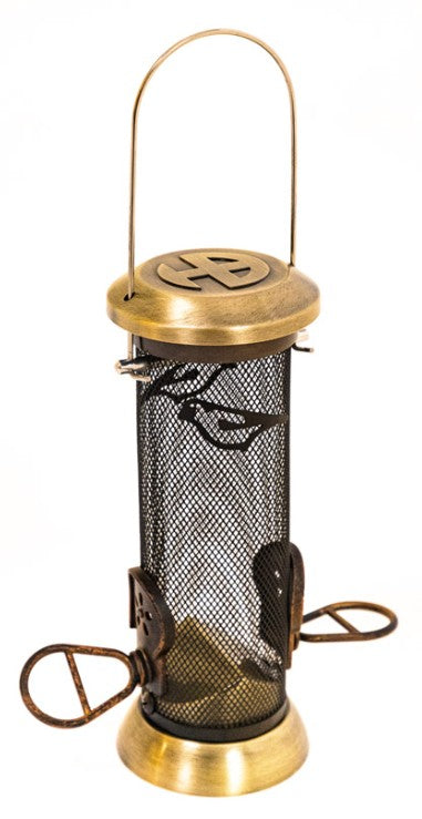 Henry Bell Finch Bird Feeder Heritage Collection copper-topped mesh seed feeder hanging at Pengelly Cornwall