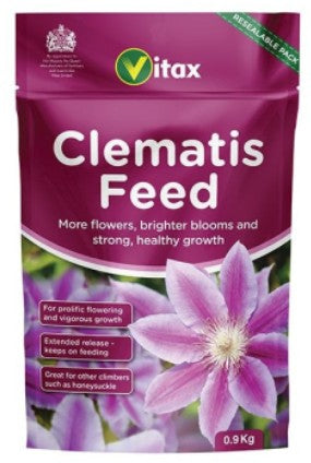 Vitax Clematis Feed Pouch 1kg green pouch with clematis photo and yellow label, Pengelly Garden Centre Cornwall