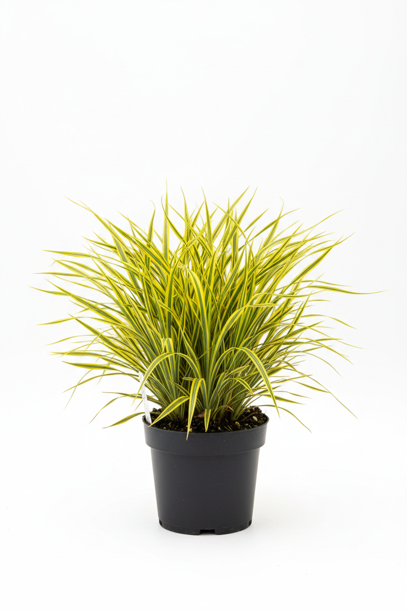 Acorus gramineus Ogon 1ltr compact clump of golden variegated grassy leaves at Pengelly Garden Centre Cornwall