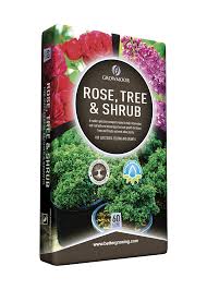 Growmoor Rose Tree & Shrub Compost 50ltr bag with green and white packaging at Pengelly Garden Centre Cornwall
