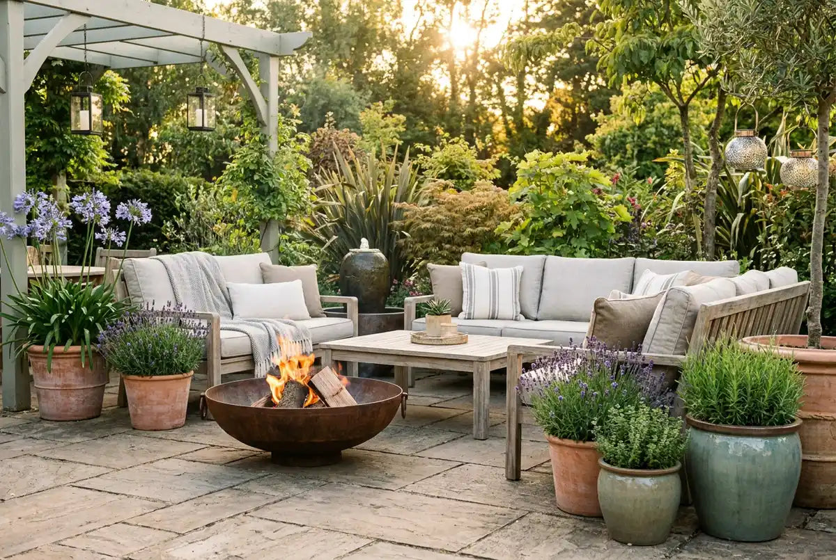 Contemporary rattan garden furniture set on stone patio with table, cushions and potted plants