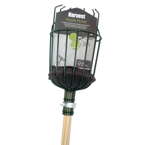 Telescopic apple picker tool with wire basket head and rubber claws for harvesting fruit from trees