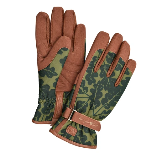 Pair of BBGlove moss green gardening gloves with oak leaf pattern