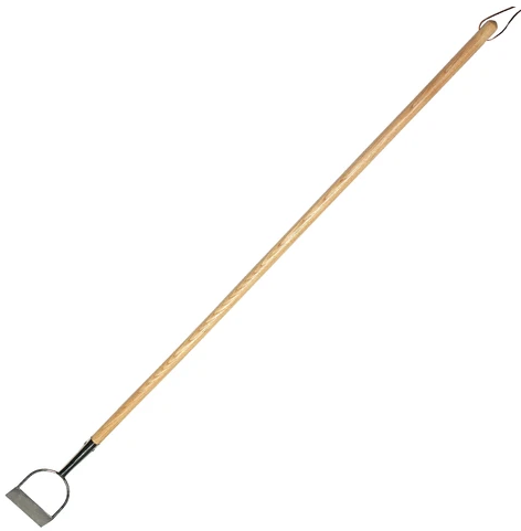 Long-handled Dutch hoe with metal blade for weeding and cultivating soil in vegetable beds and borders