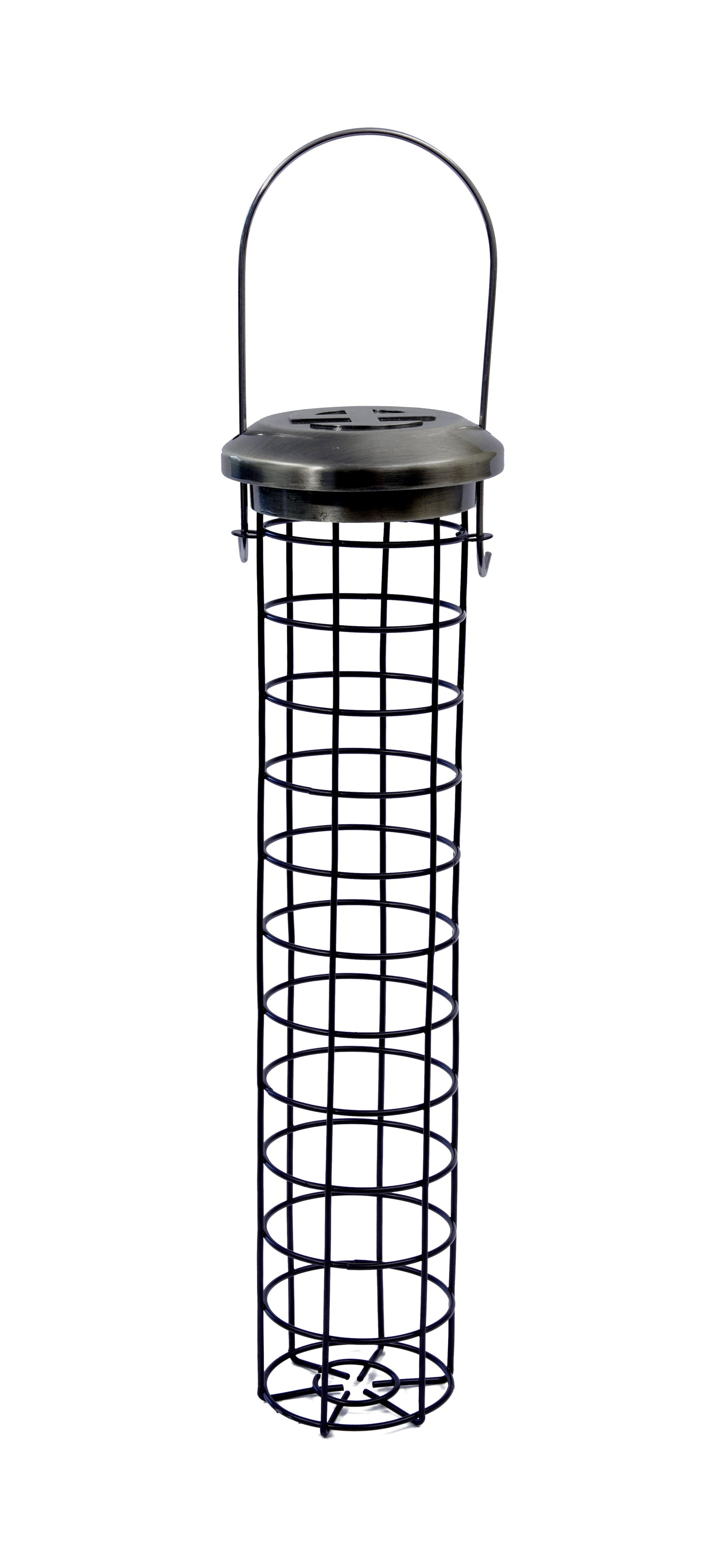Hanging wire fat ball bird feeder with cage holding suet fat balls for garden wild birds