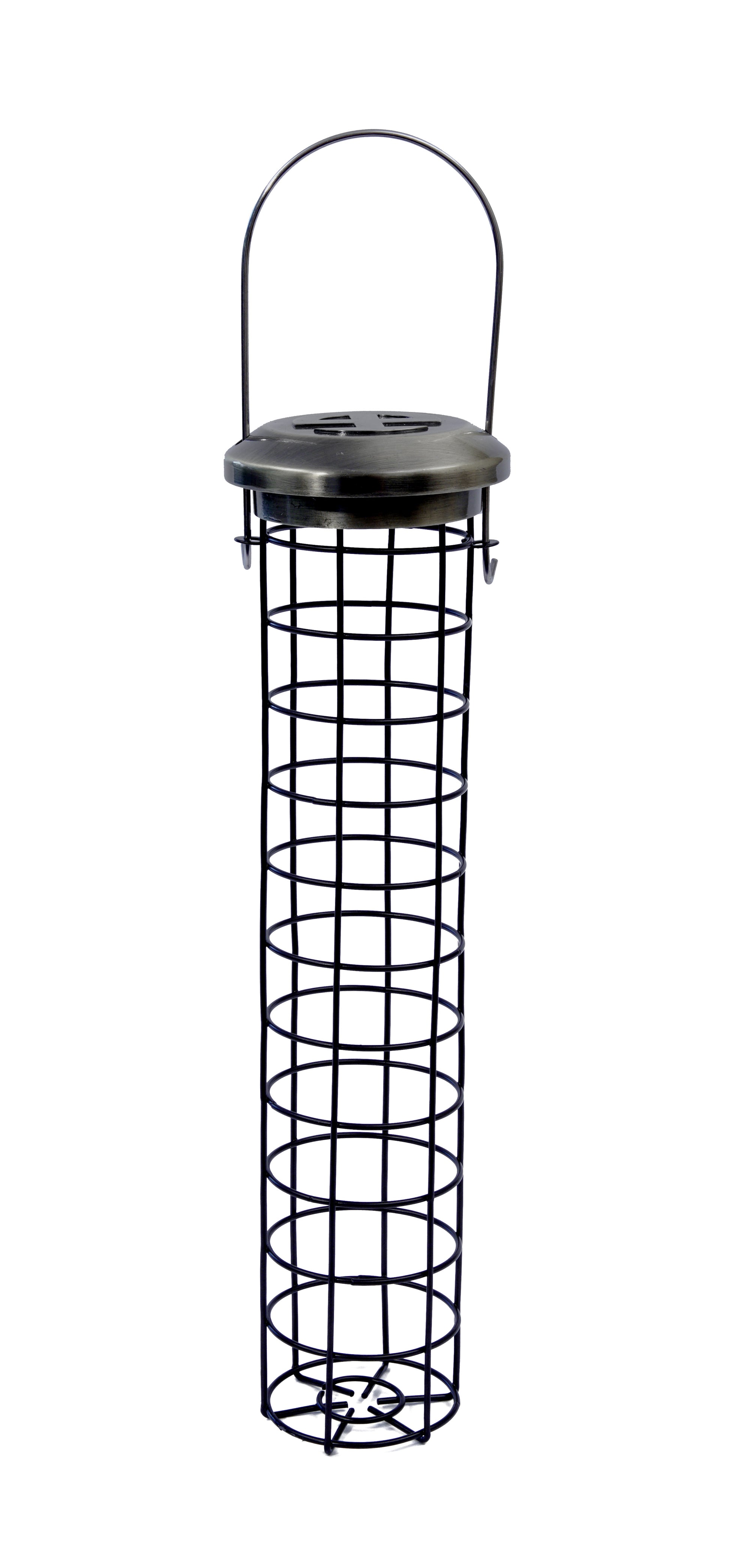 Hanging wire fat ball bird feeder with cage holding suet fat balls for garden wild birds