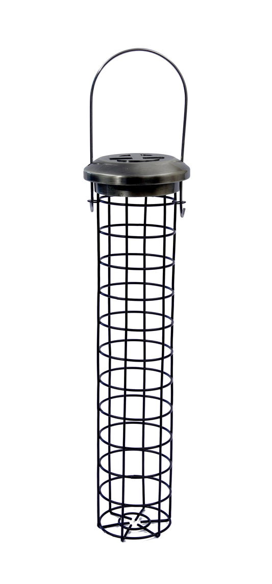 Hanging wire fat ball bird feeder with cage holding suet fat balls for garden wild birds