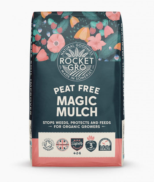 Bag of Magic Mulch premium bark mulch with colourful branded packaging, ideal for garden beds and borders