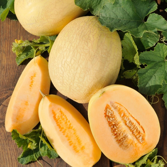 Emir melon whole and halved showing orange flesh and seeds on rustic wooden surface