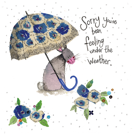 Folded gift umbrella printed with Get Well message and cheerful raindrop design, compact travel umbrella